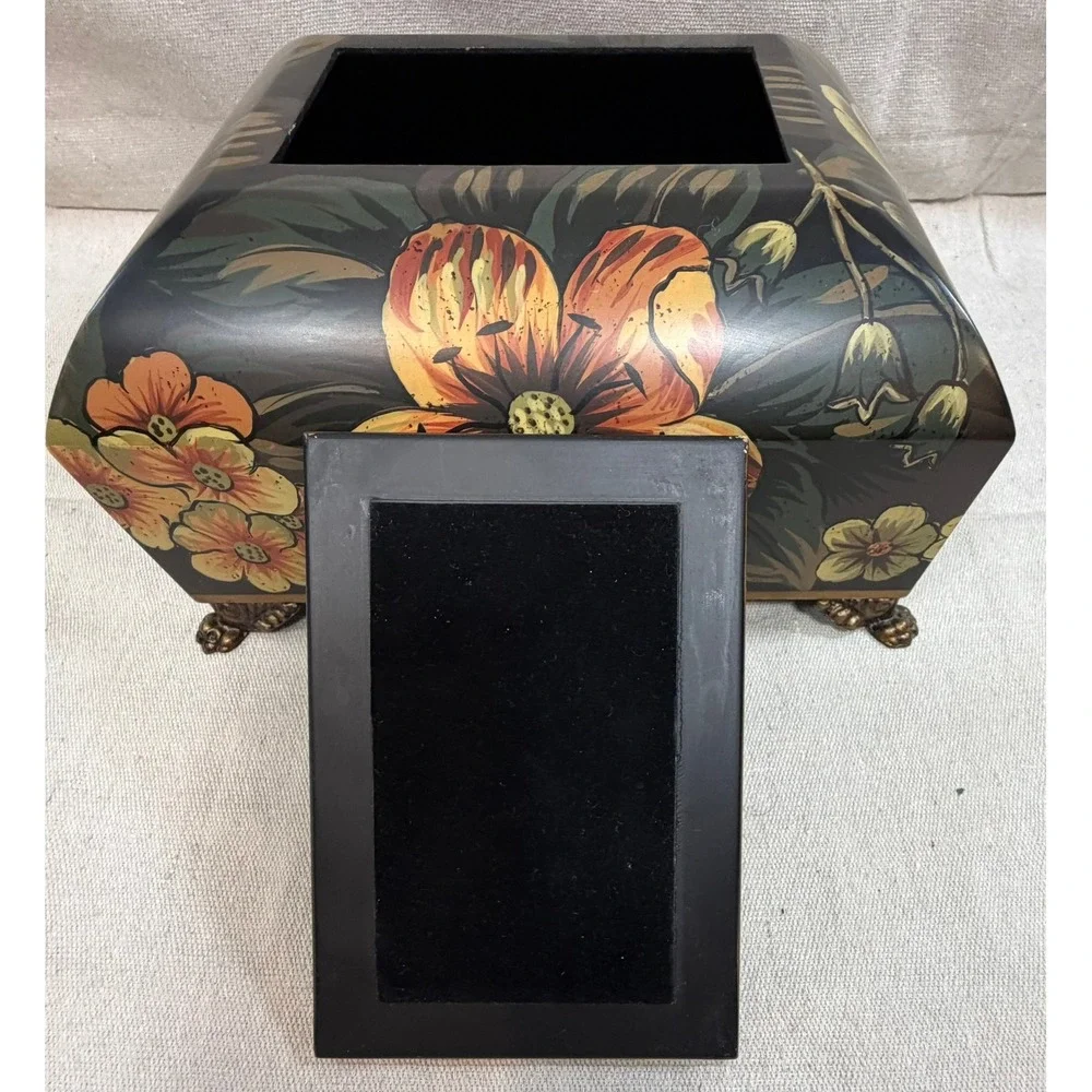 Vintage Floral Hand Painted Decorative Jewelry Box Lion Paw Feet Pinecone Finial